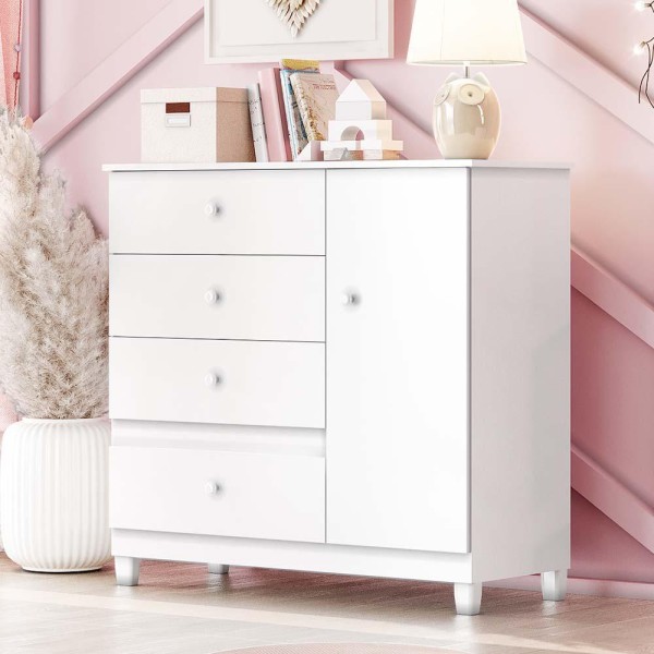 Encontraproduto.com.br - Quarto de Bebê Guarda Roupa Fabi 4 Portas com Gavetas Cômoda 3 Gavetas com Porta Fabi Cama Julia + Auxiliar Branco Carolina Baby