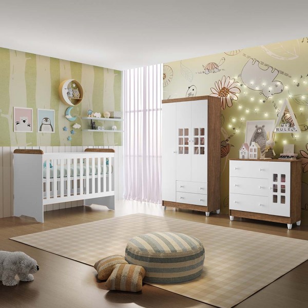 Encontraproduto.com.br - Quarto de Bebê Guarda Roupa Ariane 3 Portas Cômoda Fraldário Bianca Berço 3 em 1 Gabrielle com Colchão Branco Amadeirado Carolina Baby