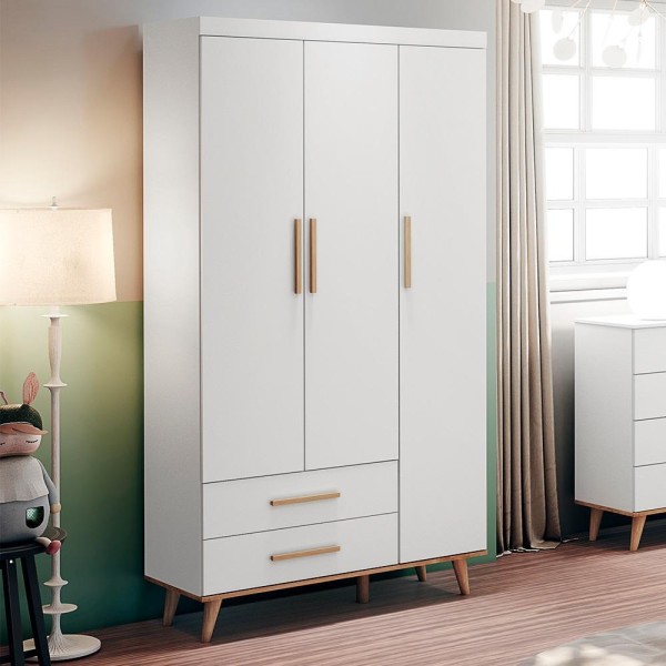 Encontraproduto.com.br - Quarto Infantil Retrô Guarda Roupa 3 Portas Cômoda 4 Gavetas com Porta Ludmila Cama Casinha Montessoriano Duda Branco Fosco com Bétula Carolina Baby
