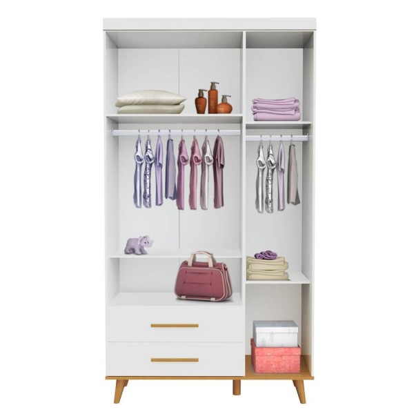 Encontraproduto.com.br - Quarto Infantil Retrô Guarda Roupa 3 Portas Cômoda 4 Gavetas com Porta Ludmila Cama Casinha Montessoriano Duda Branco Fosco com Bétula Carolina Baby