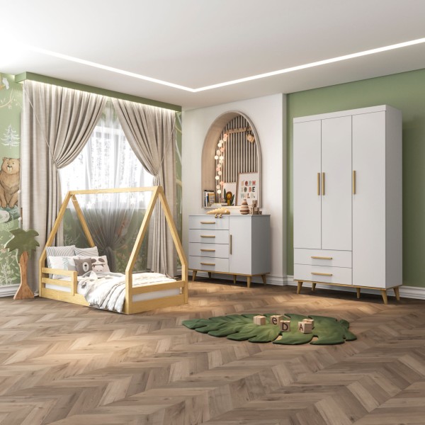 Encontraproduto.com.br - Quarto Infantil Retrô Guarda Roupa 3 Portas Cômoda 4 Gavetas com Porta Ludmila Cama Casinha Montessoriano Duda Cinza Fosco com Bétula Carolina Baby