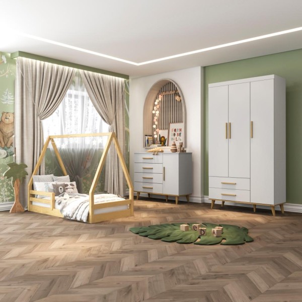 Encontraproduto.com.br - Quarto Infantil Retrô Guarda Roupa 3 Portas Cômoda 4 Gavetas com Porta Ludmila Cama Casinha Montessoriano Duda Cinza Fosco com Bétula Carolina Baby
