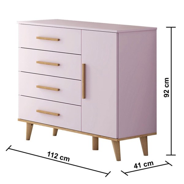 Encontraproduto.com.br - Quarto Infantil Retrô Guarda Roupa 3 Portas com Gavetas Cômoda 4 Gavetas com Porta Ludmila Cama Casinha Montessoriano Duda Rose Fosco com Bétula Carol