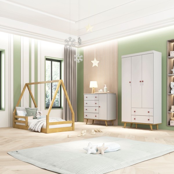 Encontraproduto.com.br - Quarto Infantil Guarda Roupa 3 Portas Cômoda 4 Gavetas com Porta Fernanda Cama Casinha Montessoriano Duda Cinza Fosco com Bétula Carolina Baby