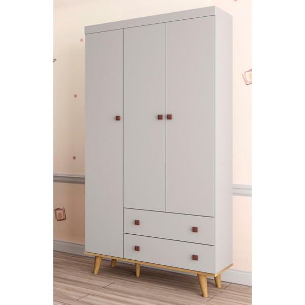 Encontraproduto.com.br - Quarto Infantil Guarda Roupa 3 Portas Cômoda 4 Gavetas com Porta Fernanda Cama Casinha Montessoriano Duda Cinza Fosco com Bétula Carolina Baby