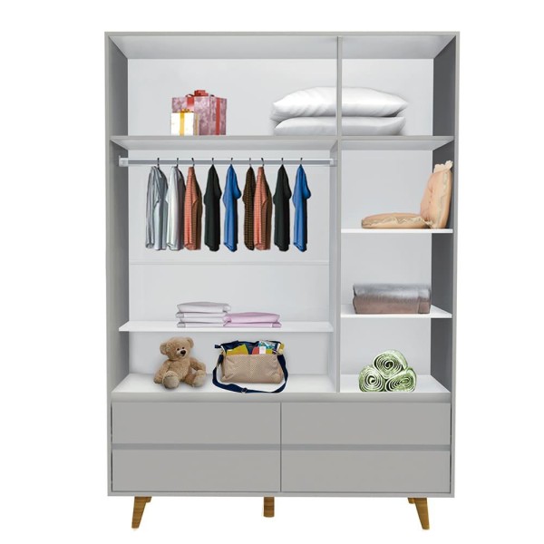 Encontraproduto.com.br - Quarto Infantil Guarda Roupa 3 Portas com Gavetas Cômoda 4 Gavetas Lorena Cama Casinha Montessoriano Duda Cinza Fosco Carolina Baby