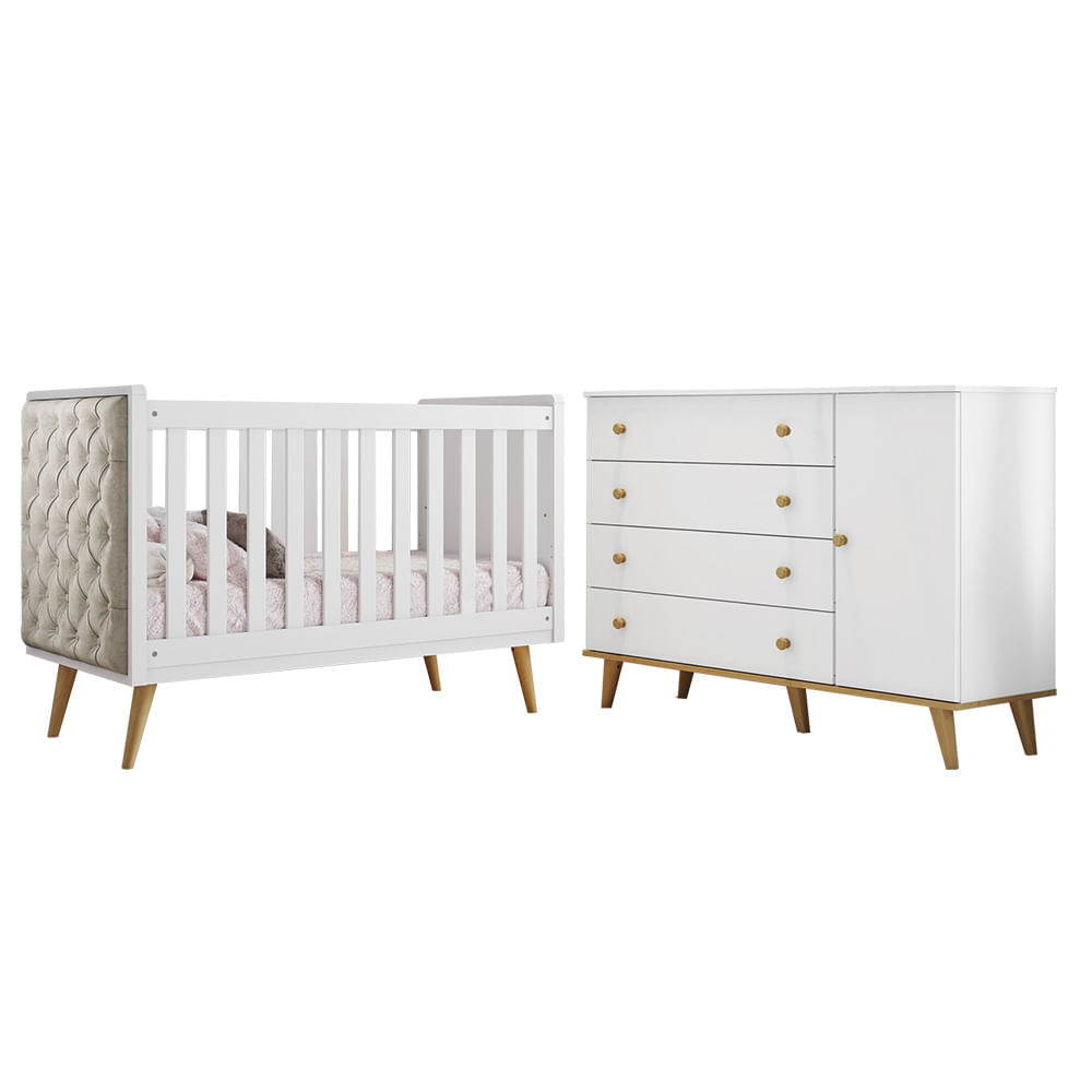 Encontraproduto.com.br - Quarto de Bebê Retrô Cômoda 4 Gavetas com Porta Cris Berço Mini Cama com Capitonê Lorena Branco Fosco com Bétula Carolina Baby