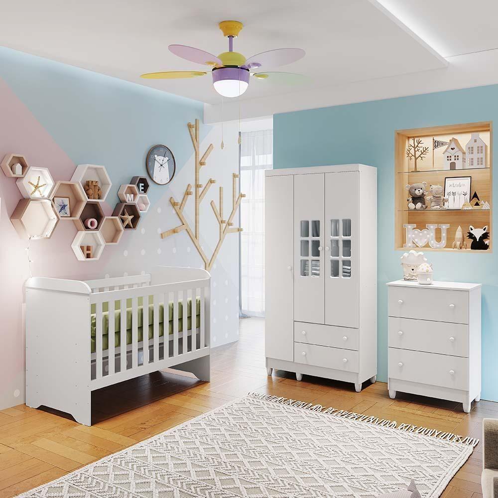 Encontraproduto.com.br - Quarto De Bebê Roupeiro Cômoda 3 Gavetas Berço 3 Em 1 Branco