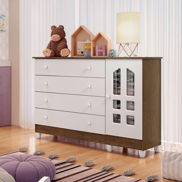 Encontraproduto.com.br - Quarto de Bebê Gran Selena Berço Mini Cama Mirelle Cômoda Infantil com Porta Branco Amadeirado Carolina Baby