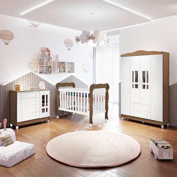Encontraproduto.com.br - Quarto De Bebê Berço 3 Em 1 Lila Guarda Roupa Cômoda Branco