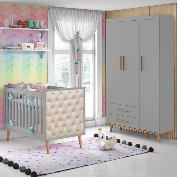Encontraproduto.com.br - Quarto de Bebê Retrô Ludmila Berço com Capitonê Lorena Guarda Roupa Infantil Cinza Carolina Baby