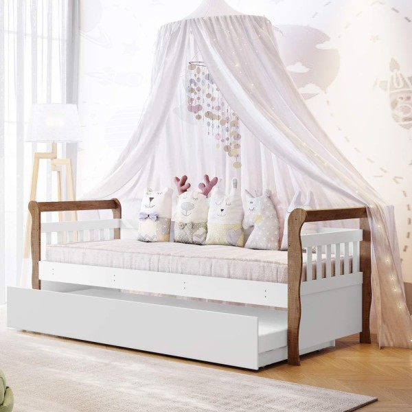 Encontraproduto.com.br - Quarto Infantil Ariel Completo Cama da Babá Júlia com Cama Auxiliar Guarda Roupa 4 Portas Cômoda 4 Gavetas com Porta Branco Amadeirado Carolina Baby