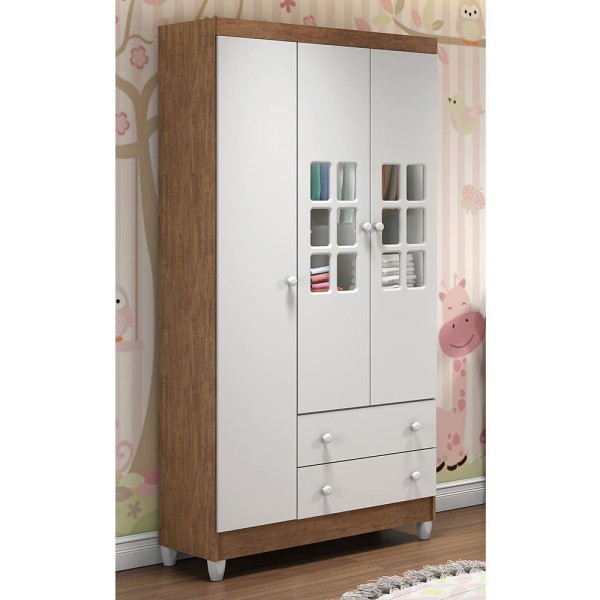 Encontraproduto.com.br - Quarto de Bebê Completo Ariane Berço 3 em 1 Lara Guarda Roupa 3 Portas Cômoda Infantil 3 Gavetas com Porta Amadeirado Carolina Baby