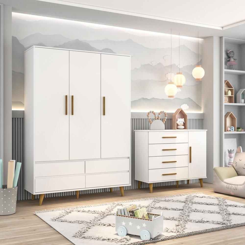 Quarto De Bebê Roupeiro 3 Porta Com Gavetas Cômoda Branco