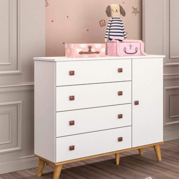 Encontraproduto.com.br - Cômoda Infantil 4 Gavetas com Porta Fernanda Branco Fosco com Bétula Carolina Baby