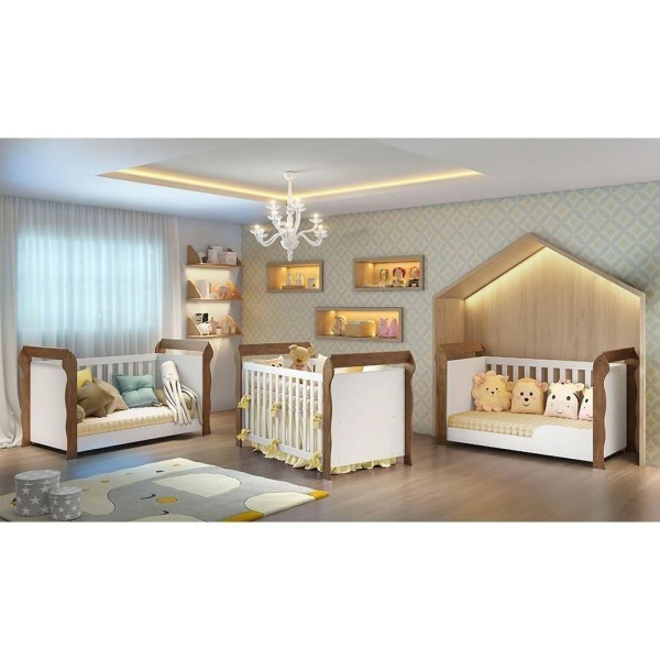 Encontraproduto.com.br - Berço Americano 3 em 1 com Colchão Lara Branco Amadeirado Carolina Baby