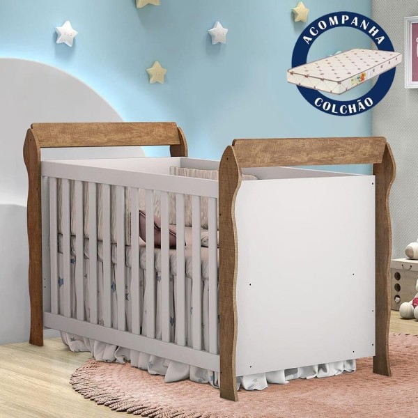 Encontraproduto.com.br - Berço Americano 3 em 1 com Colchão Lara Branco Amadeirado Carolina Baby