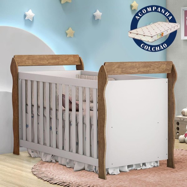 Encontraproduto.com.br - Berço Americano 3 em 1 com Colchão Lara Branco Amadeirado Carolina Baby