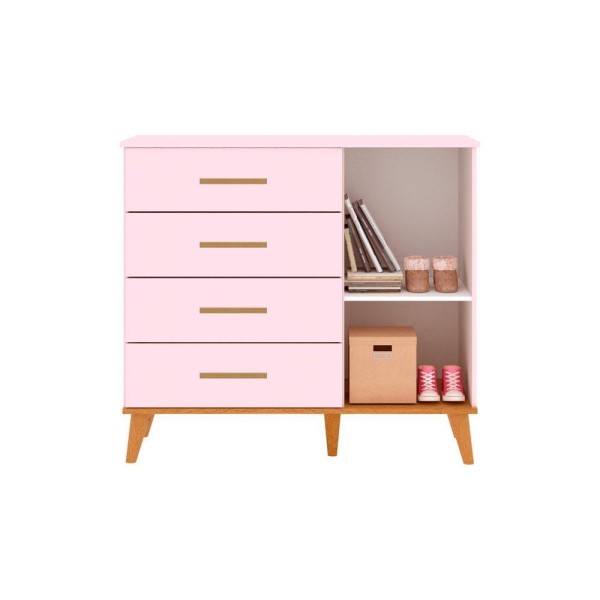 Encontraproduto.com.br - Cômoda Infantil 4 Gavetas com Porta Luma Rosa Fosco com Bétula Carolina Baby