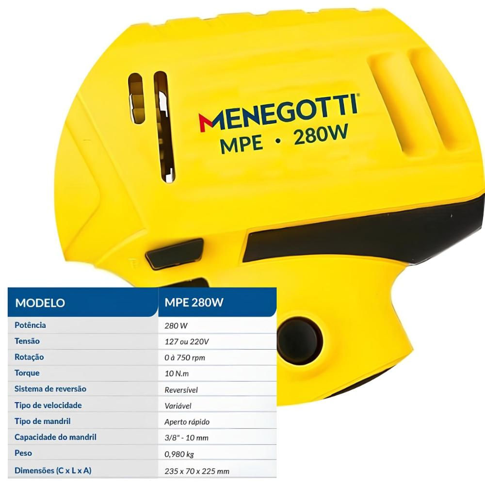 Parafusadeira Elétrica MPE-280W 3/8 10mm 220V 60HZ Menegotti Velocidade Variável e Reversível