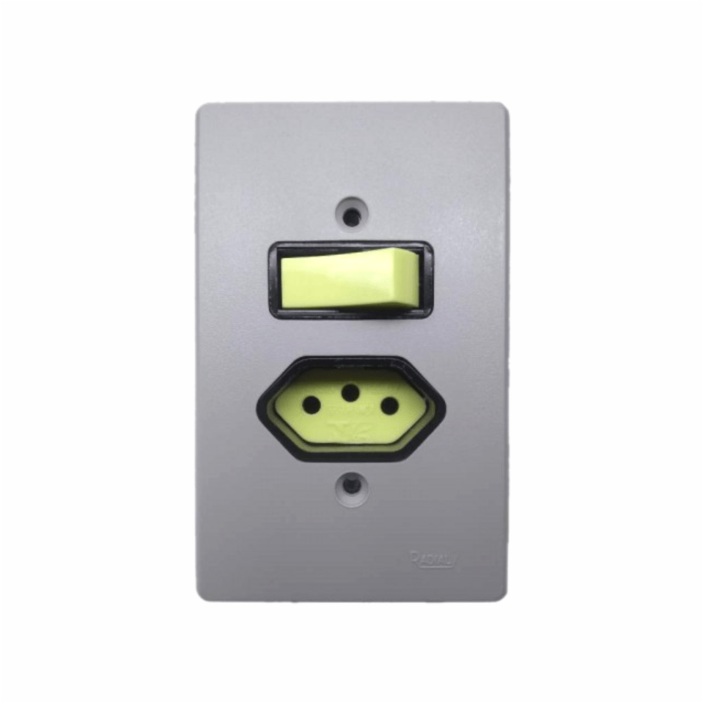 Encontraproduto.com.br - Interruptor 1 Tecla Simples + Tomada 2P+T 10A Com Placa Cinza Ref.1801.121- Radial