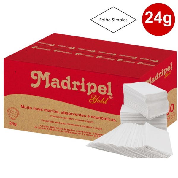 Encontraproduto.com.br - Papel Toalha Branco Interfolhas 2 Dobras Luxo GOLD 22,5x20,5 cm Caixa com 2.000 Folhas (8 Pt x 250 Fls) 100% celulose