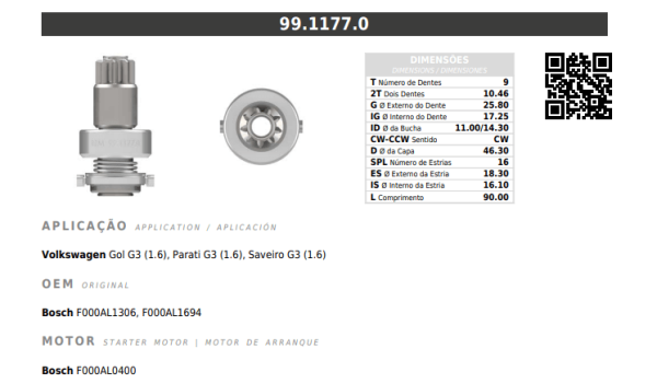 Encontraproduto.com.br - Bendix Impulsor de Partida BZM 1177 VW 9 Dentes Gol Parati Saveiro