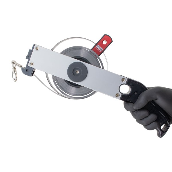 Encontraproduto.com.br - Trena de Profundidade 25 Metros com Prumo N.10 de latão graduado Fita Inox 13mm Corpo em alumínio Fabricada na Alemanha BMI 173N40025LL