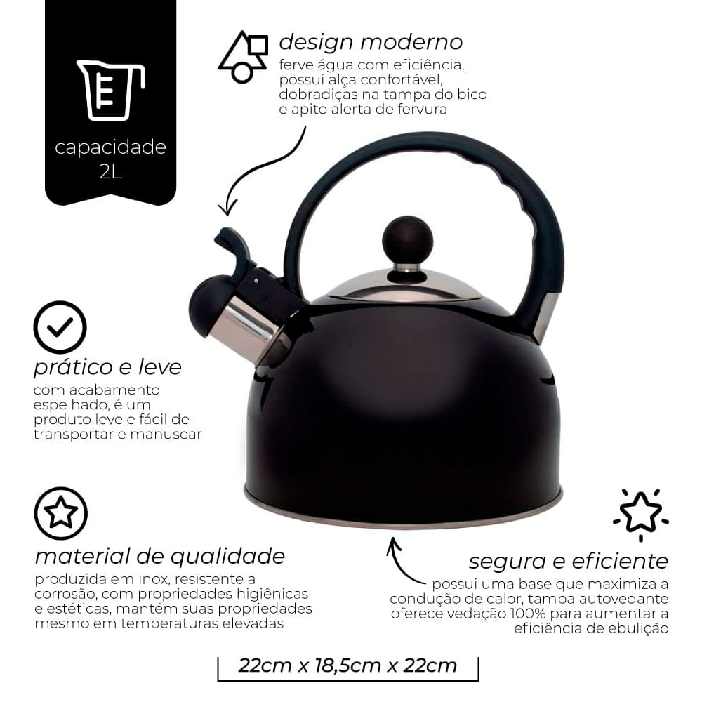 Encontraproduto.com.br - Chaleira Inox Preta Com Apito 2 Litros Mimo Style Bule De Chá Para Ferver Água Jarra Portátil Com Alça