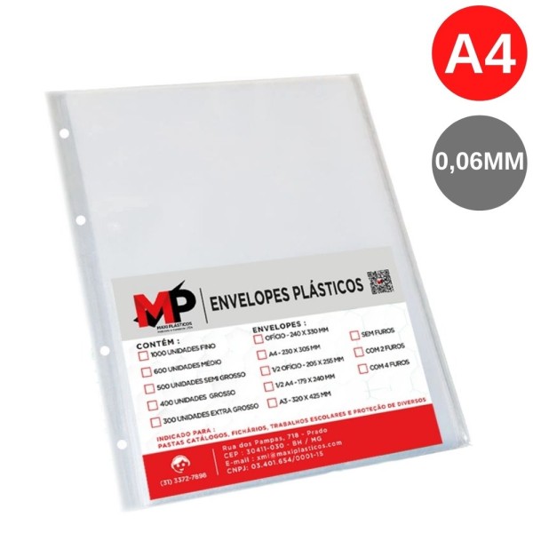 Envelope Plástico A4 23x31cm Fino 0,06mm com 4 Furos Pct/100