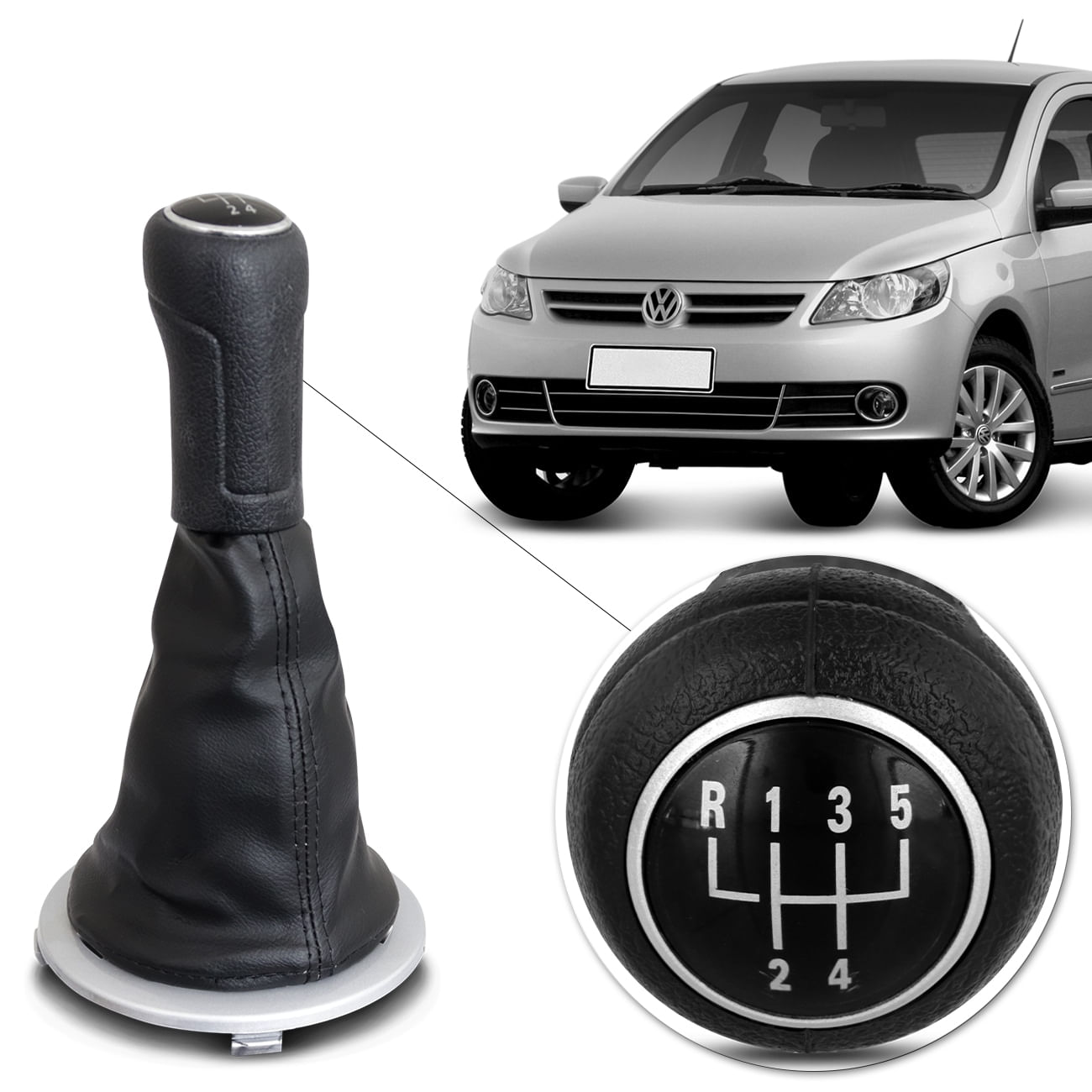 Kit Coifa De Cambio Bola Manopla Gol Voyage Saveiro G5 Fox 2008 a 2013 Preta Base Prata Anel Cromado
