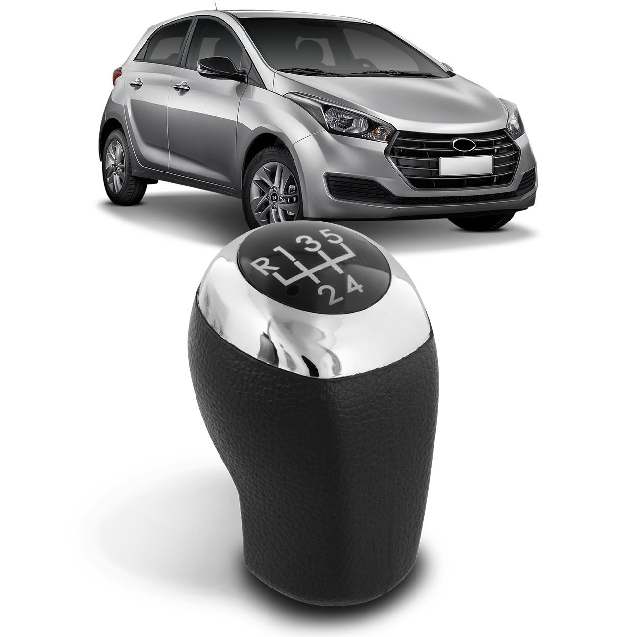 Bola de Câmbio Manopla HB20 Hatch 2012 a 2019 HB20S Sedan HB20X 2013 a 2019 Preto com Aro Cromado