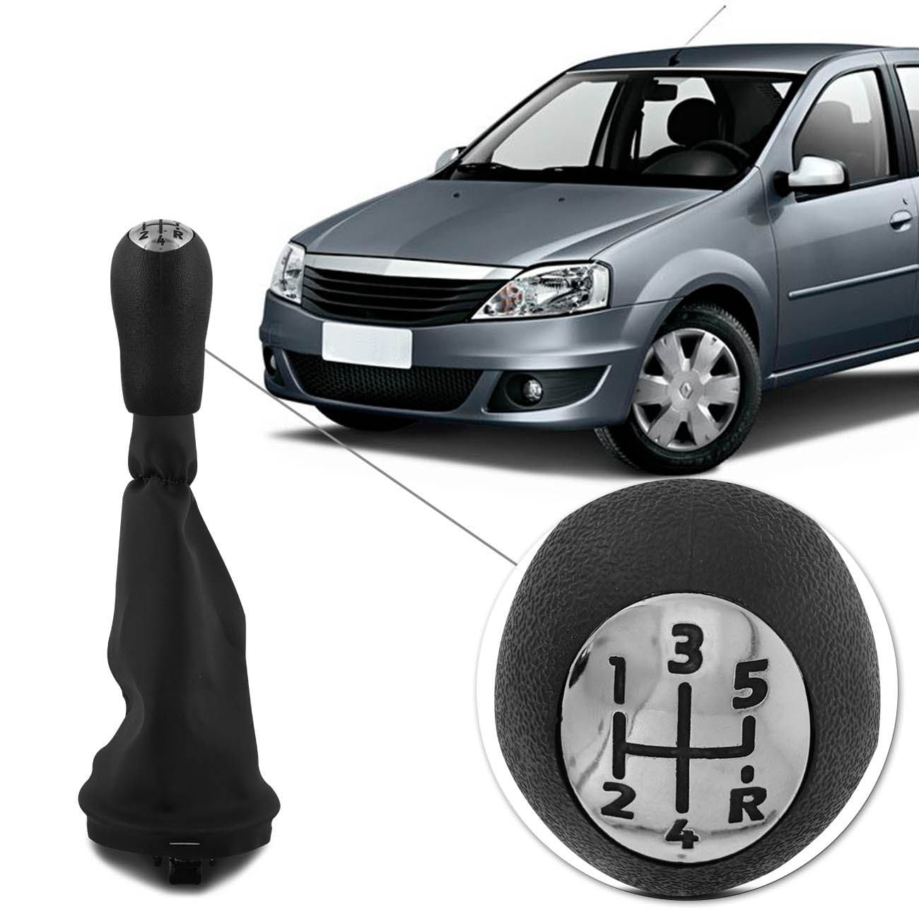 Kit Coifa de Cambio Manopla Logan 07 a 13 Sandero 07 a 14 Preto Bola Preta Lente Cromada