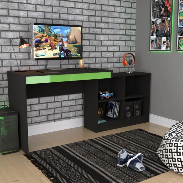 Encontraproduto.com.br - Mesa Escrivaninha Gamer com 4 Nichos B24 - Preto/Verde