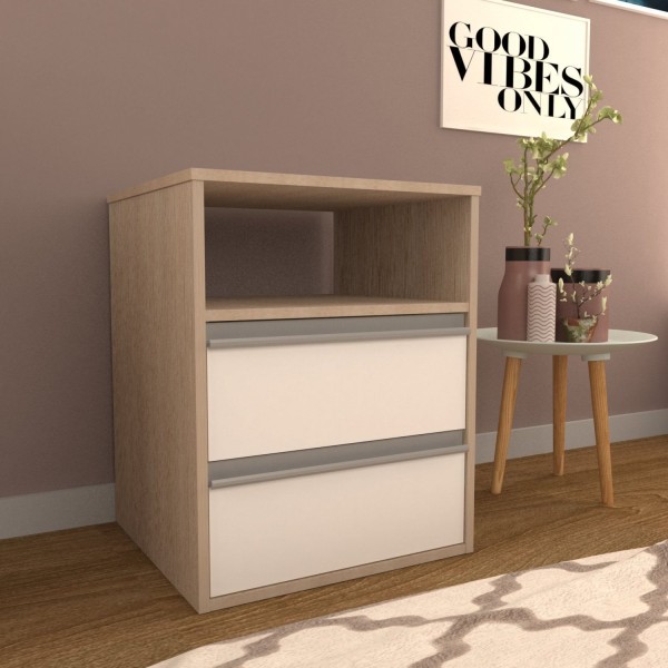 Encontraproduto.com.br - Mesa de Cabeceira com 2 Gavetas e 1 Nicho - Branco/Carvalho