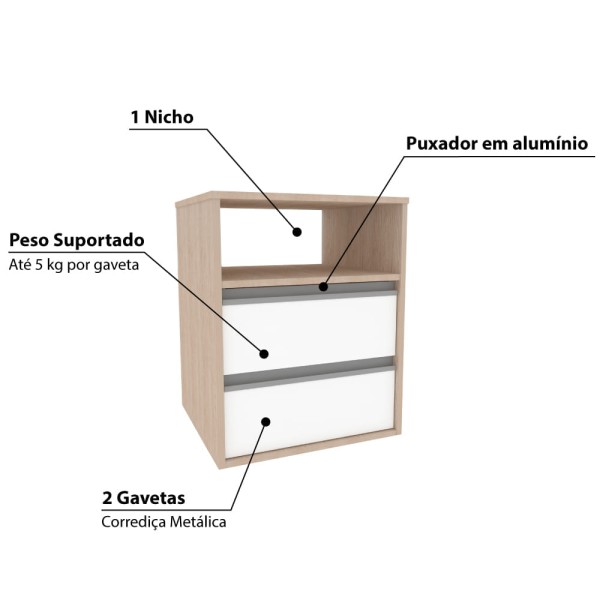 Encontraproduto.com.br - Mesa de Cabeceira com 2 Gavetas e 1 Nicho - Branco/Carvalho