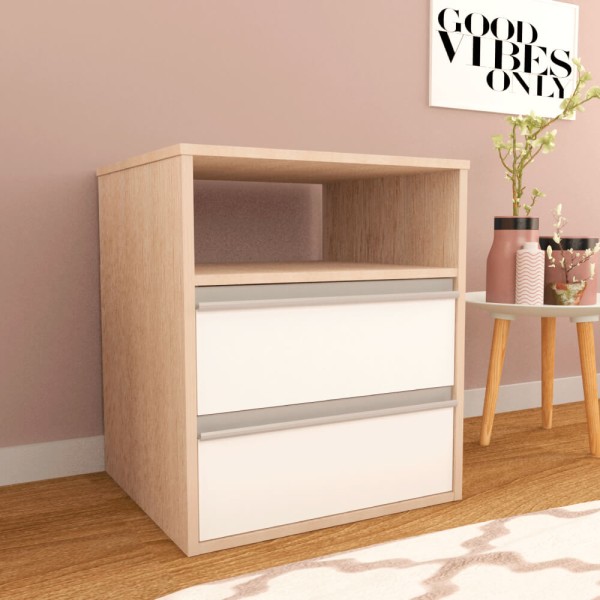Encontraproduto.com.br - Mesa de Cabeceira com 2 Gavetas e 1 Nicho - Branco/Carvalho