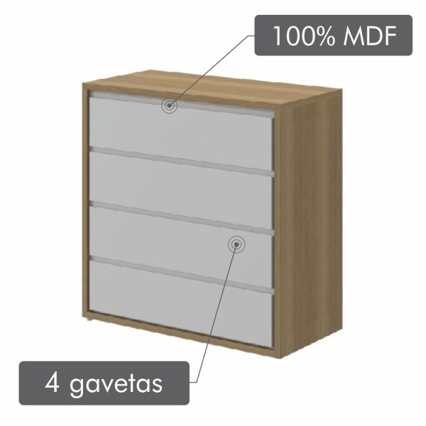 Encontraproduto.com.br - Cômoda 4 Gavetas Wood Carvalho Avelã Acabamento em Laca 100% MDF 18mm