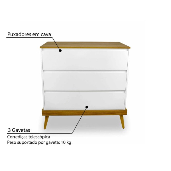 Encontraproduto.com.br - Cômoda Infantil Retrô Canção de Ninar com 3 Gavetas - Branco/Amêndola