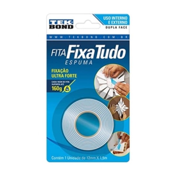 Encontraproduto.com.br - Fita Dupla Face Espuma Branco Fixa Tudo 12mm x 1,5m Tekbond