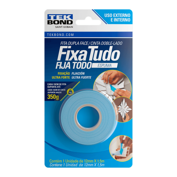 Encontraproduto.com.br - Fita Dupla Face Espuma Branco Fixa Tudo 12mm x 1,5m Tekbond