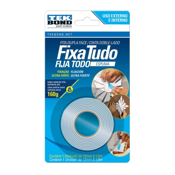Encontraproduto.com.br - Fita Dupla Face Espuma Branco Fixa Tudo 12mm x 1,5m Tekbond