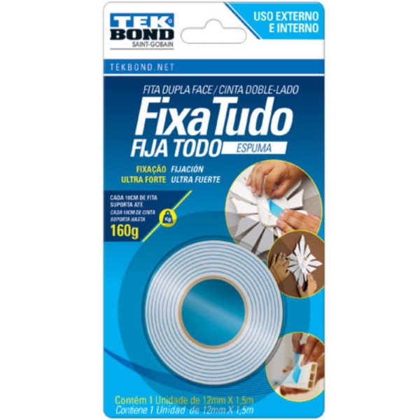 Encontraproduto.com.br - Fita Dupla Face Espuma Branco Fixa Tudo 12mm x 1,5m Tekbond