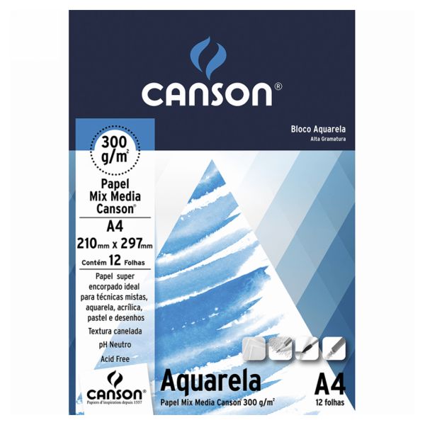 Encontraproduto.com.br - Bloco Aquarela Mix Media Branco 300 g/m² A-4 21,0 x 29,7 cm com 12 Folhas Canson