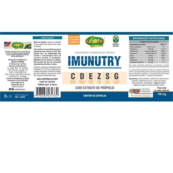 Encontraproduto.com.br - Imunutry (Vitaminas C, D, E, Zinco, Selênio, Glutamina e Extrato de Própolis) 60 Cápsulas - Unilife
