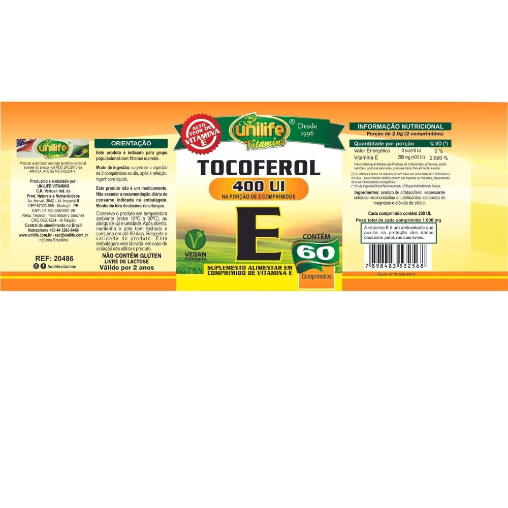 Vitamina E Tocoferol (400UI) 60 Comprimidos - Unilife