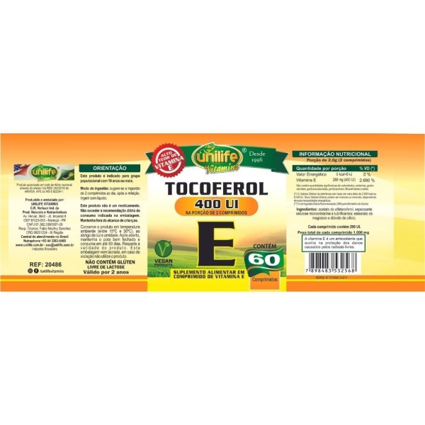 Encontraproduto.com.br - Vitamina E Tocoferol (400UI) 60 Comprimidos - Unilife