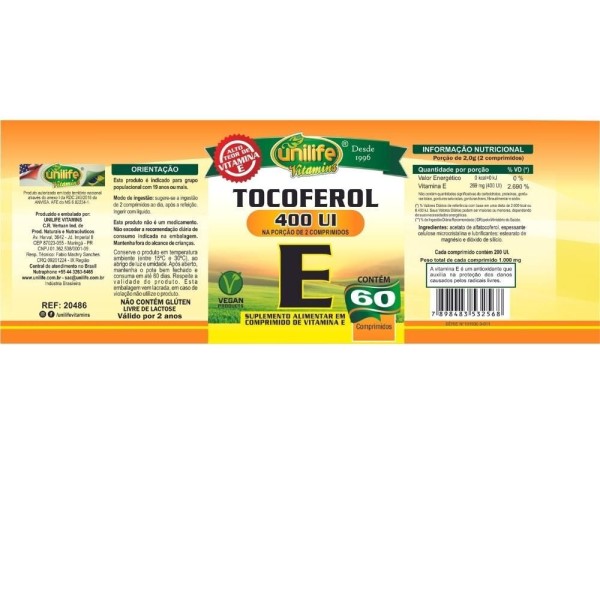 Encontraproduto.com.br - Vitamina E Tocoferol (400UI) 60 Comprimidos - Unilife
