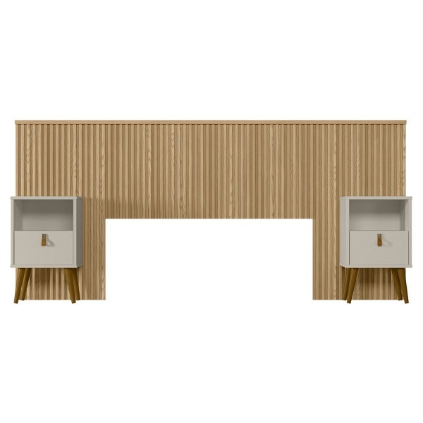Encontraproduto.com.br - Conjunto Cabeceira Casal Em Ripado Laranjeiras 2.4 Com 2 Mesas De Cabeceira Búzios Linea Brasil Carvalho/off White