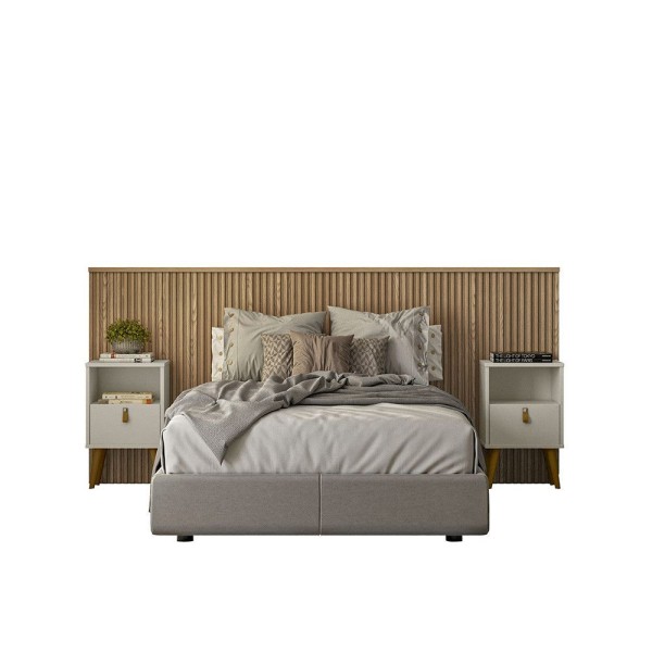 Encontraproduto.com.br - Conjunto Cabeceira Casal Em Ripado Ilhabela Com 2 Mesas De Cabeceira Búzios E Par De Frame Linea Brasil Carvalho/off White